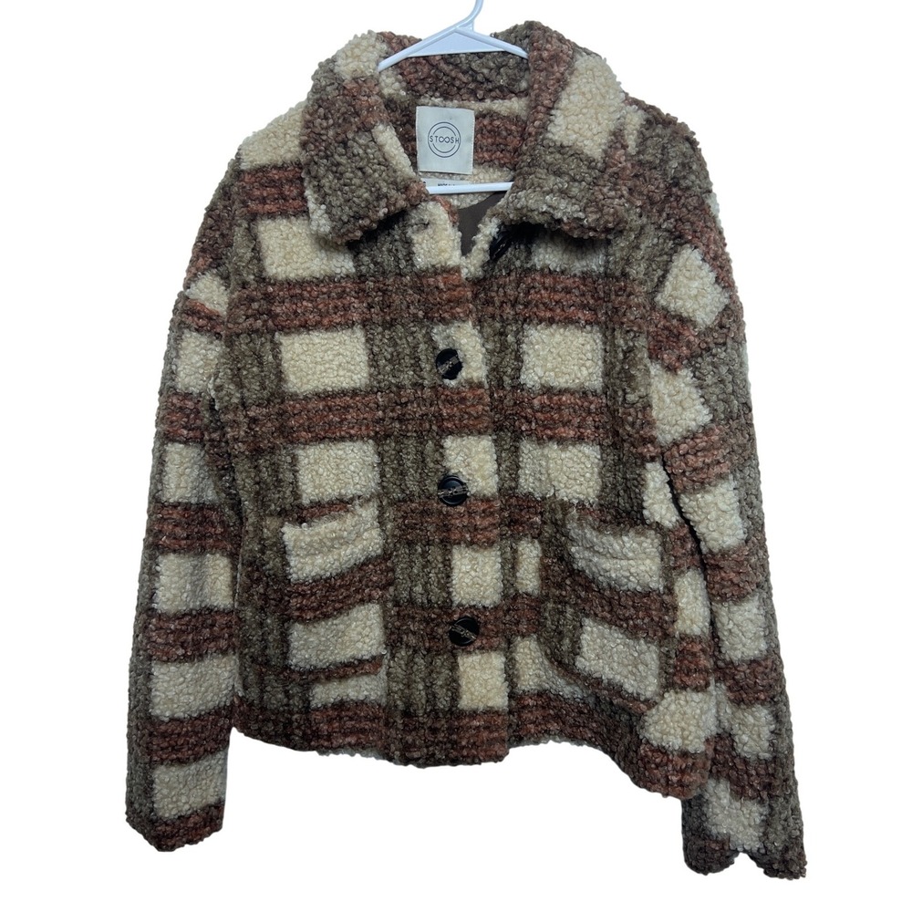 Stoosh Brown Plaid Sherpa Fleece Button Front Jacket Collared Women S Teddy Borg